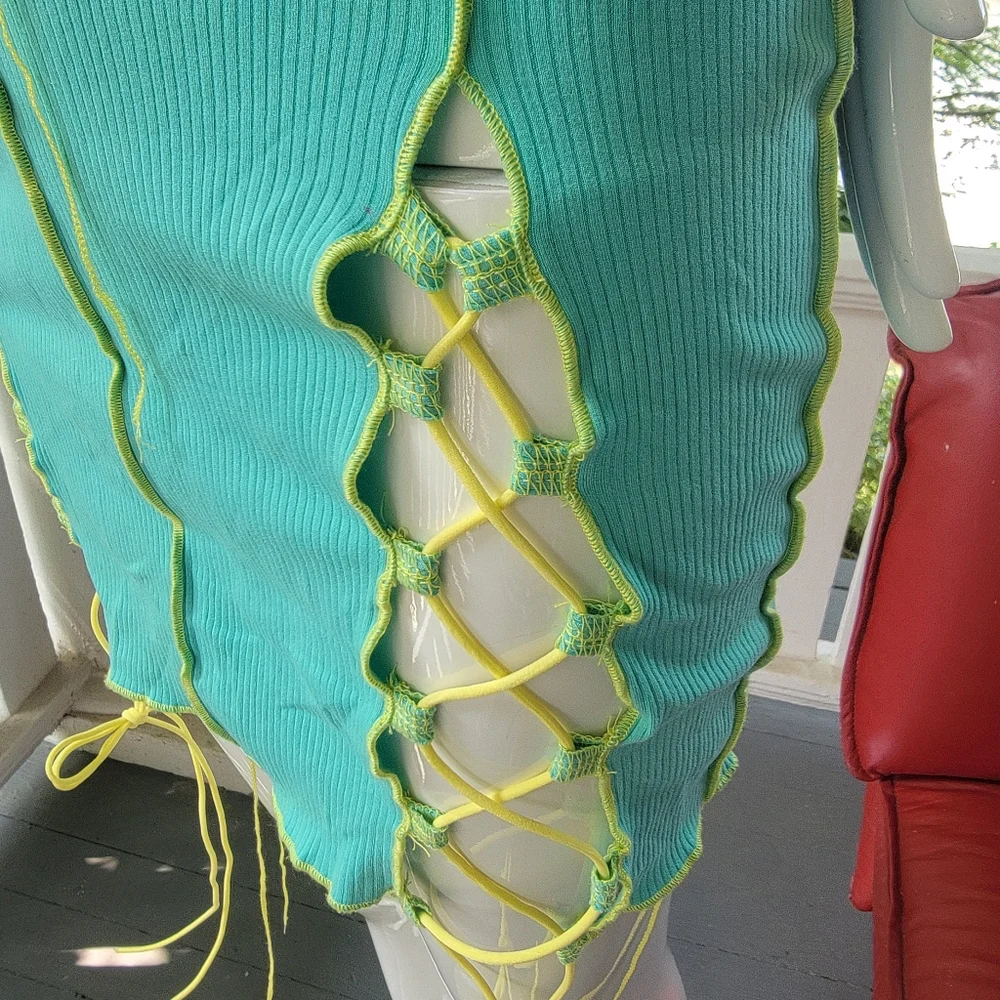 Sleeveless Aqua Lace-Up Bodycon Dress S
